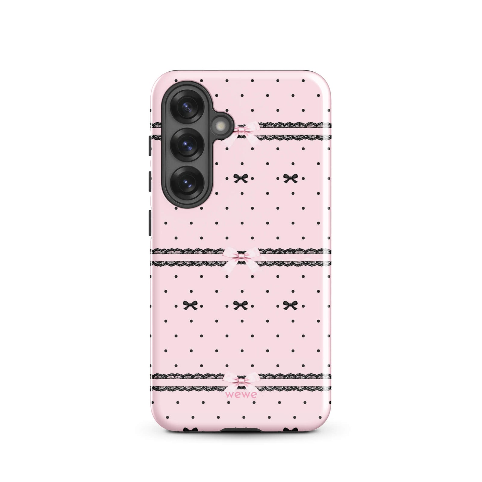 Pink Lace Bow Phone Case featuring black polka dots, scalloped lace bands and pale pink ribbon bows on a soft blush background