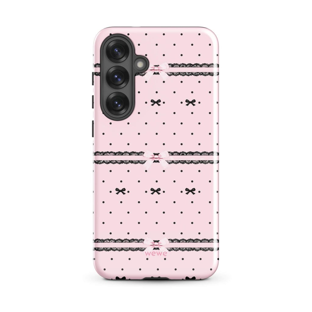 Pink Lace Bow Phone Case featuring black polka dots, scalloped lace bands and pale pink ribbon bows on a soft blush background