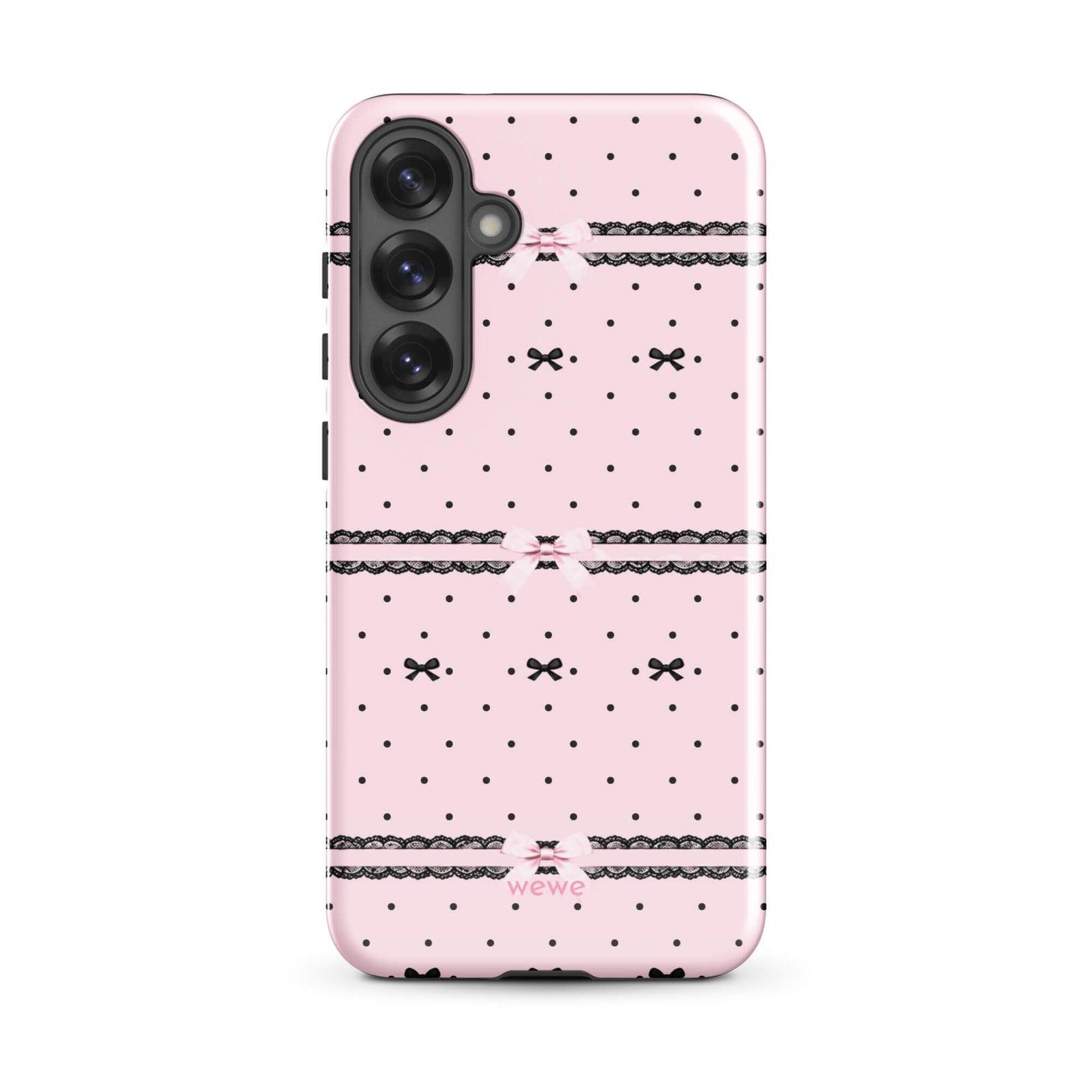 Pink Lace Bow Phone Case featuring black polka dots, scalloped lace bands and pale pink ribbon bows on a soft blush background