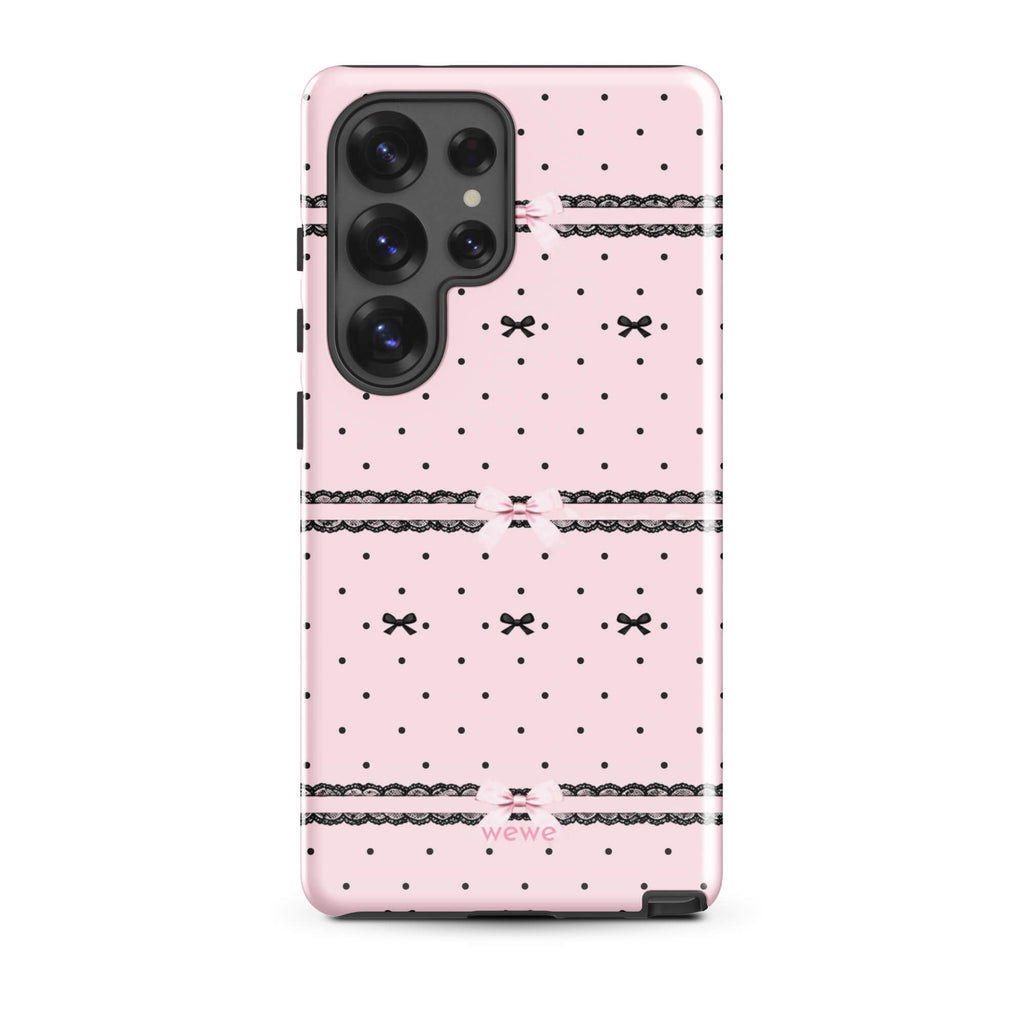 Pink Lace Bow Phone Case featuring black polka dots, scalloped lace bands and pale pink ribbon bows on a soft blush background