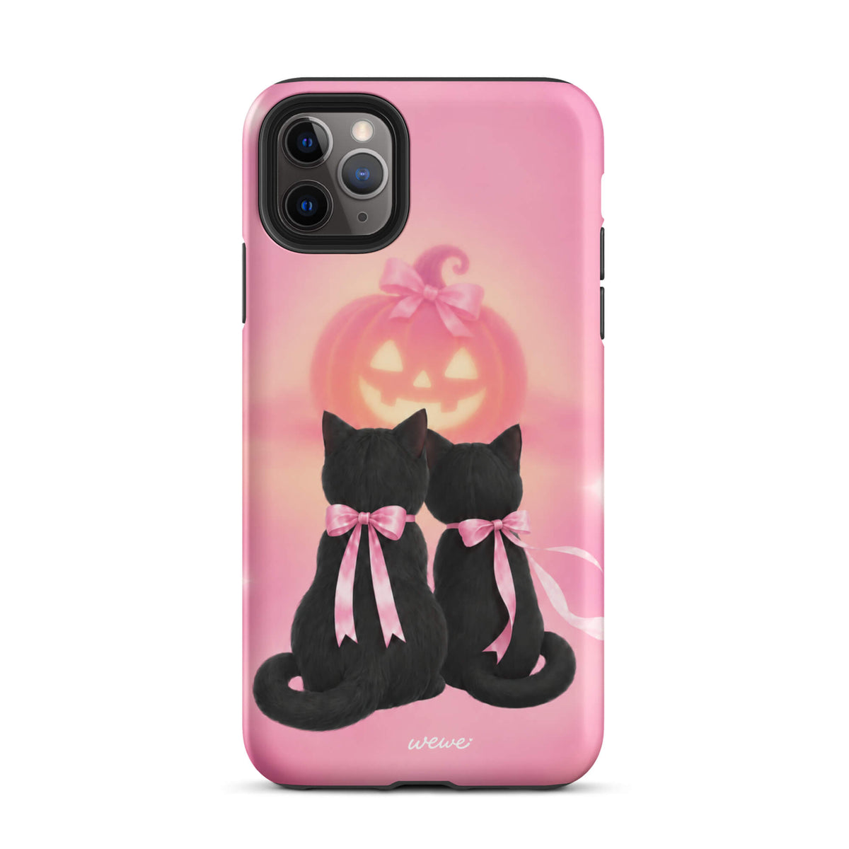 Bubblegum-pink iPhone case with two black cats wearing pink bows and a glowing jack-o-lantern