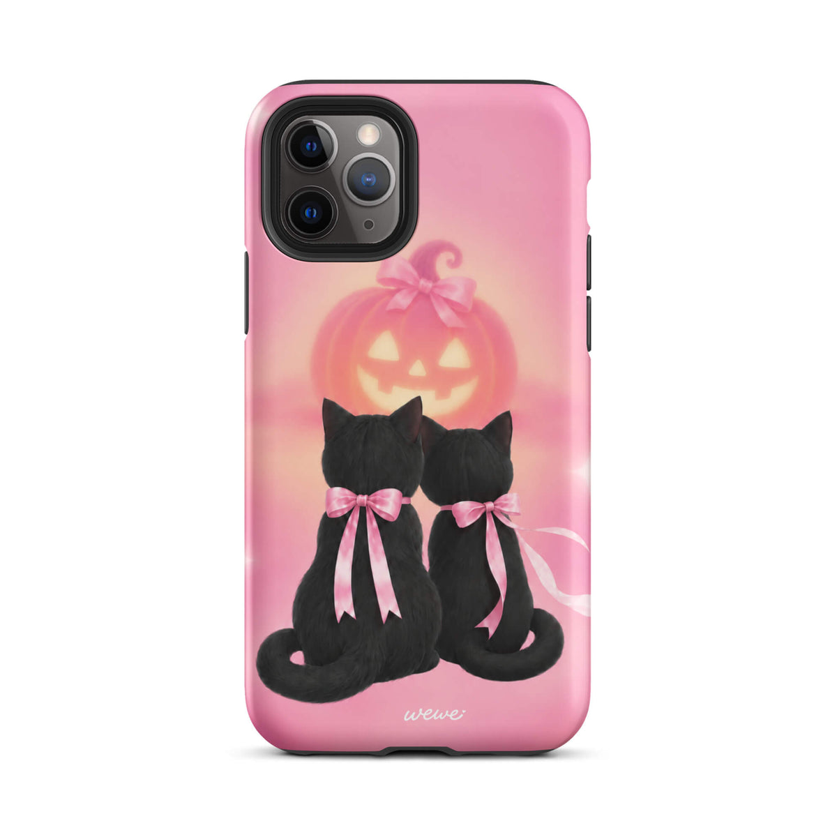 Bubblegum-pink iPhone case with two black cats wearing pink bows and a glowing jack-o-lantern