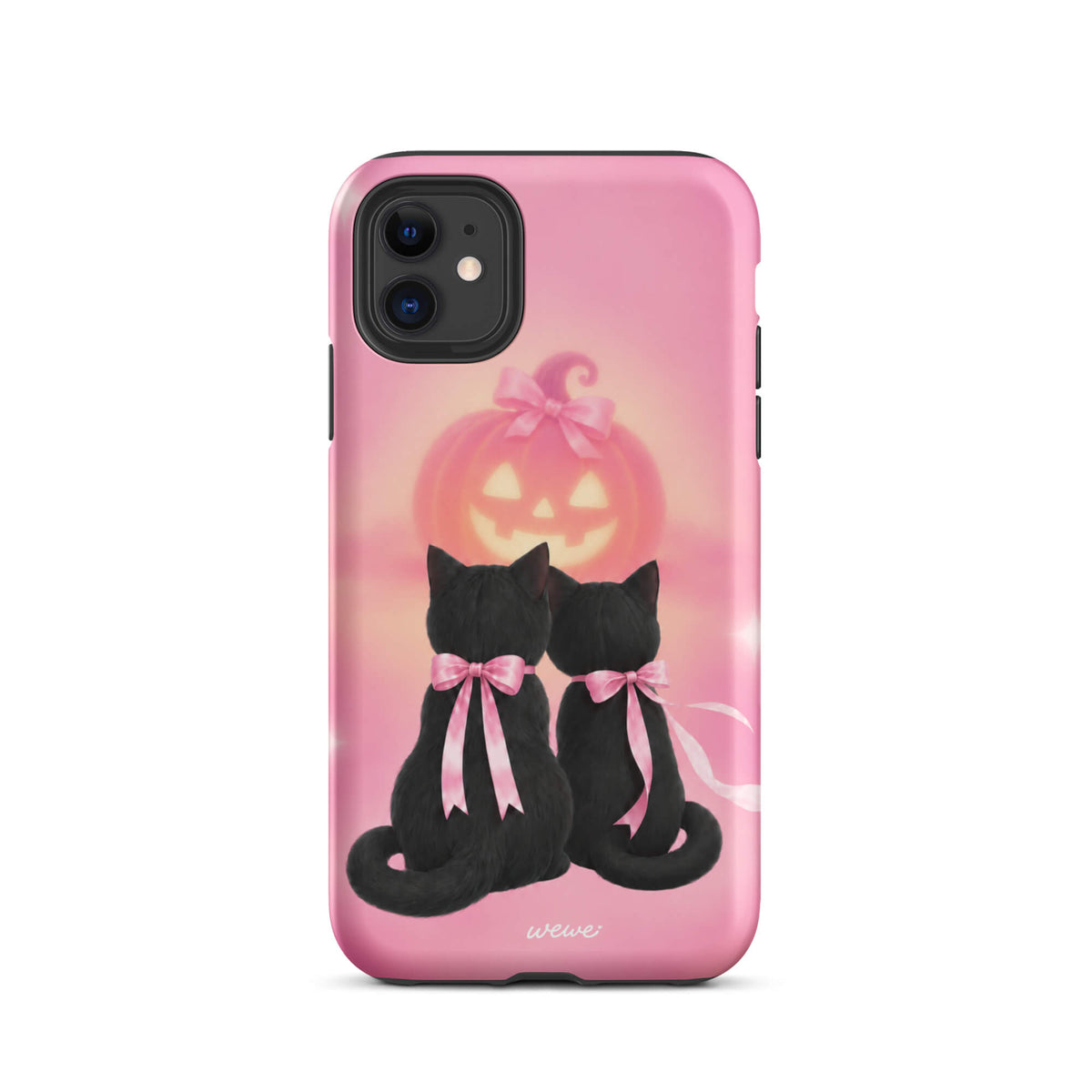 Bubblegum-pink iPhone case with two black cats wearing pink bows and a glowing jack-o-lantern