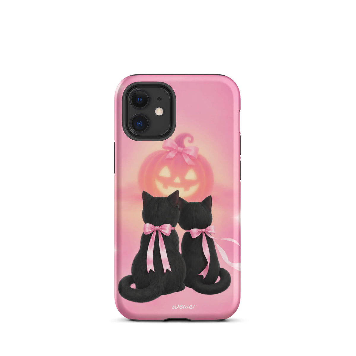 Bubblegum-pink iPhone case with two black cats wearing pink bows and a glowing jack-o-lantern