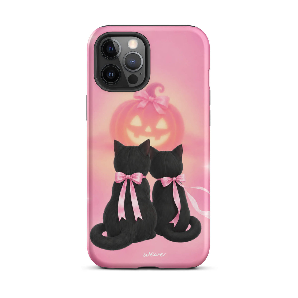 Bubblegum-pink iPhone case with two black cats wearing pink bows and a glowing jack-o-lantern