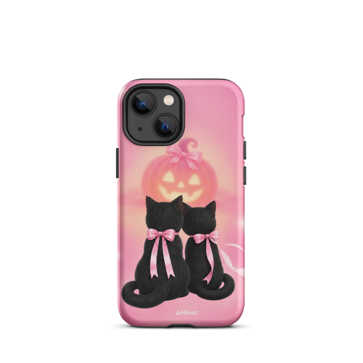Bubblegum-pink iPhone case with two black cats wearing pink bows and a glowing jack-o-lantern