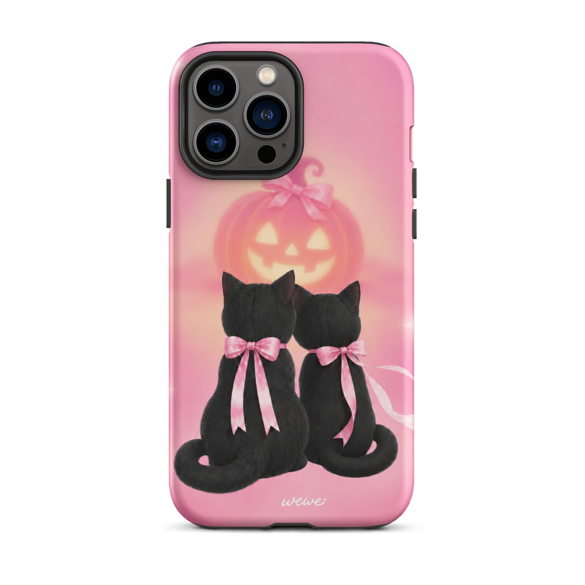 Bubblegum-pink iPhone case with two black cats wearing pink bows and a glowing jack-o-lantern