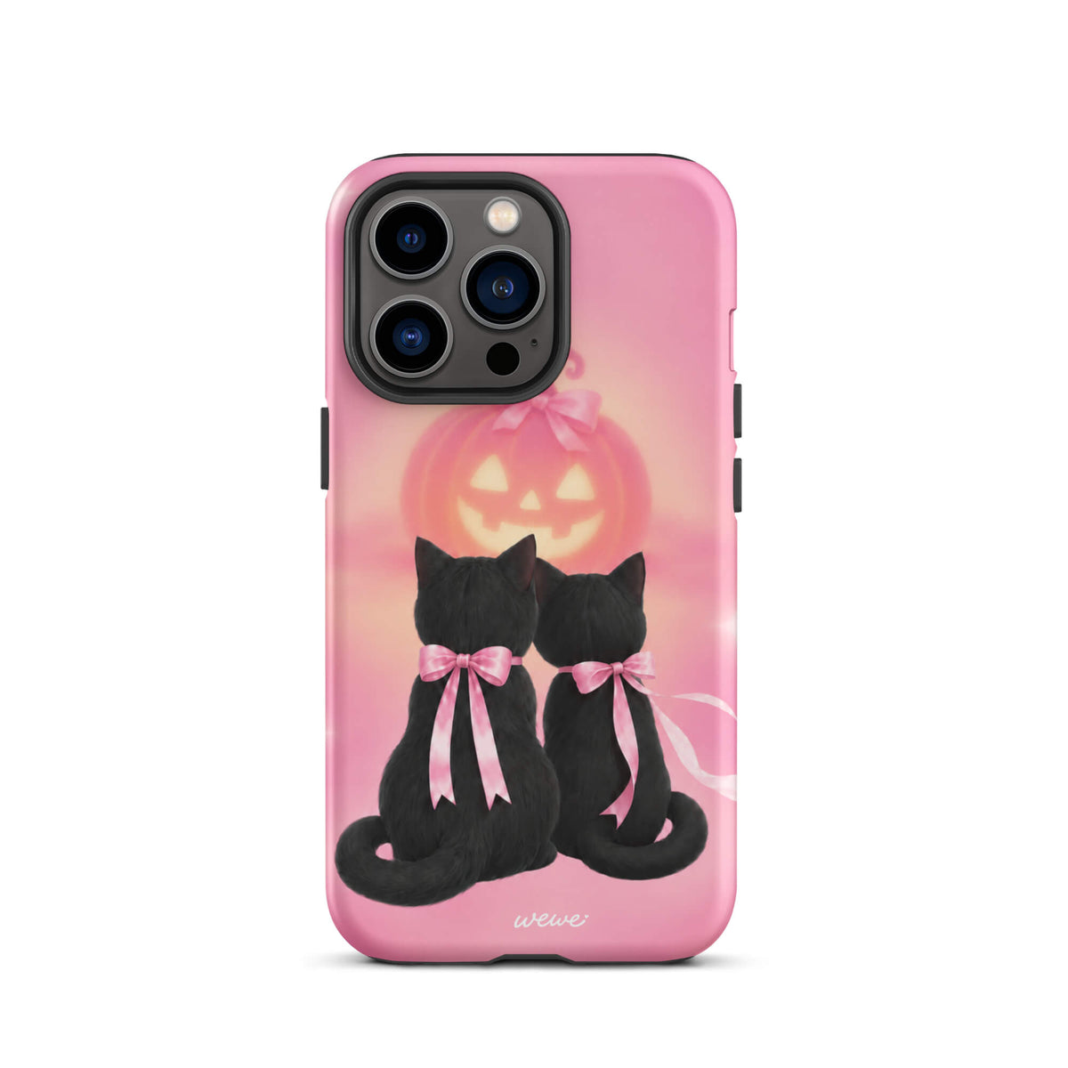 Bubblegum-pink iPhone case with two black cats wearing pink bows and a glowing jack-o-lantern