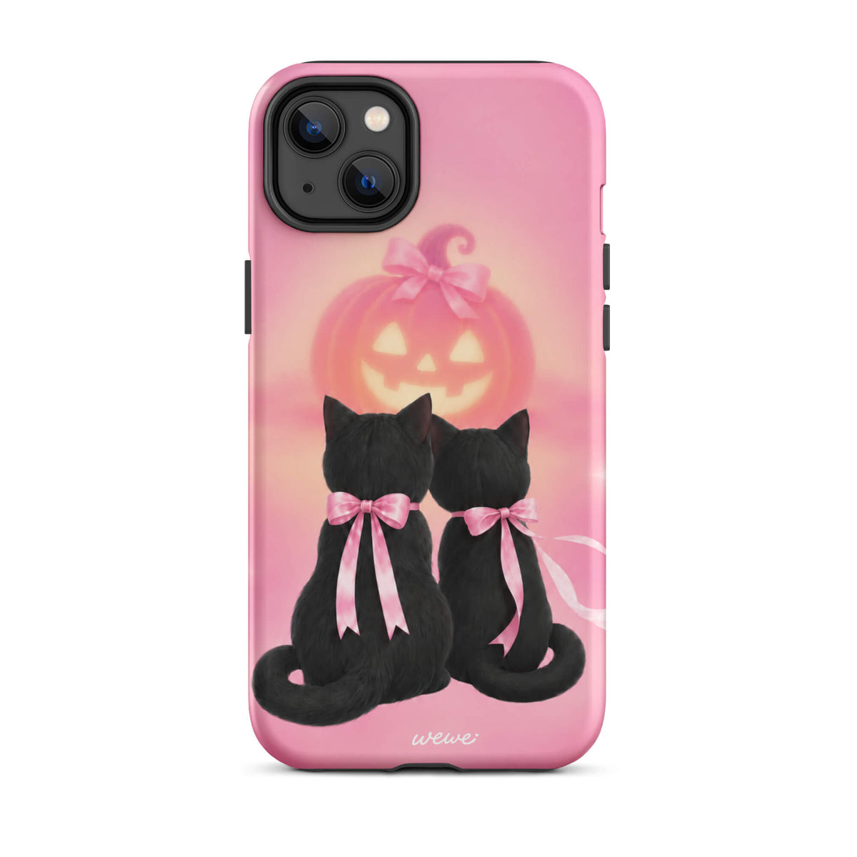 Bubblegum-pink iPhone case with two black cats wearing pink bows and a glowing jack-o-lantern