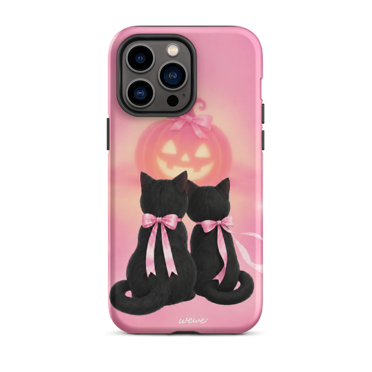 Bubblegum-pink iPhone case with two black cats wearing pink bows and a glowing jack-o-lantern