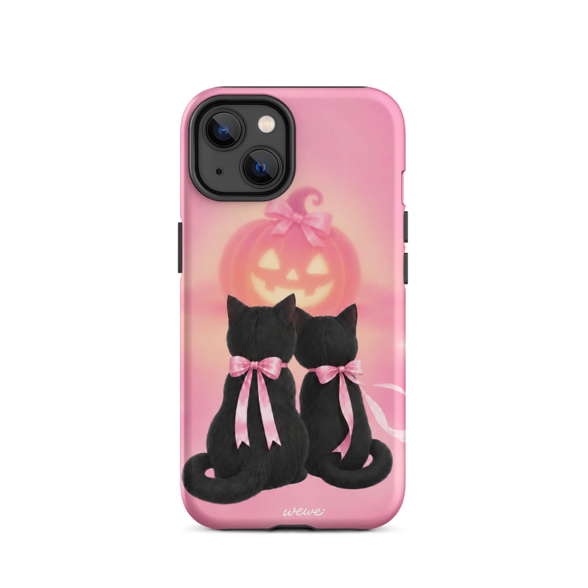 Bubblegum-pink iPhone case with two black cats wearing pink bows and a glowing jack-o-lantern