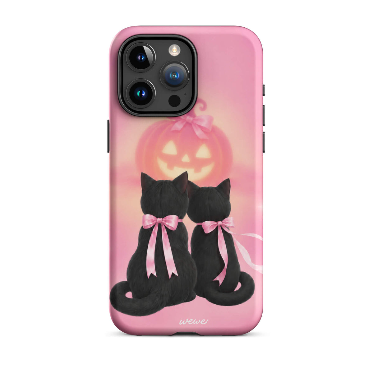 Bubblegum-pink iPhone case with two black cats wearing pink bows and a glowing jack-o-lantern