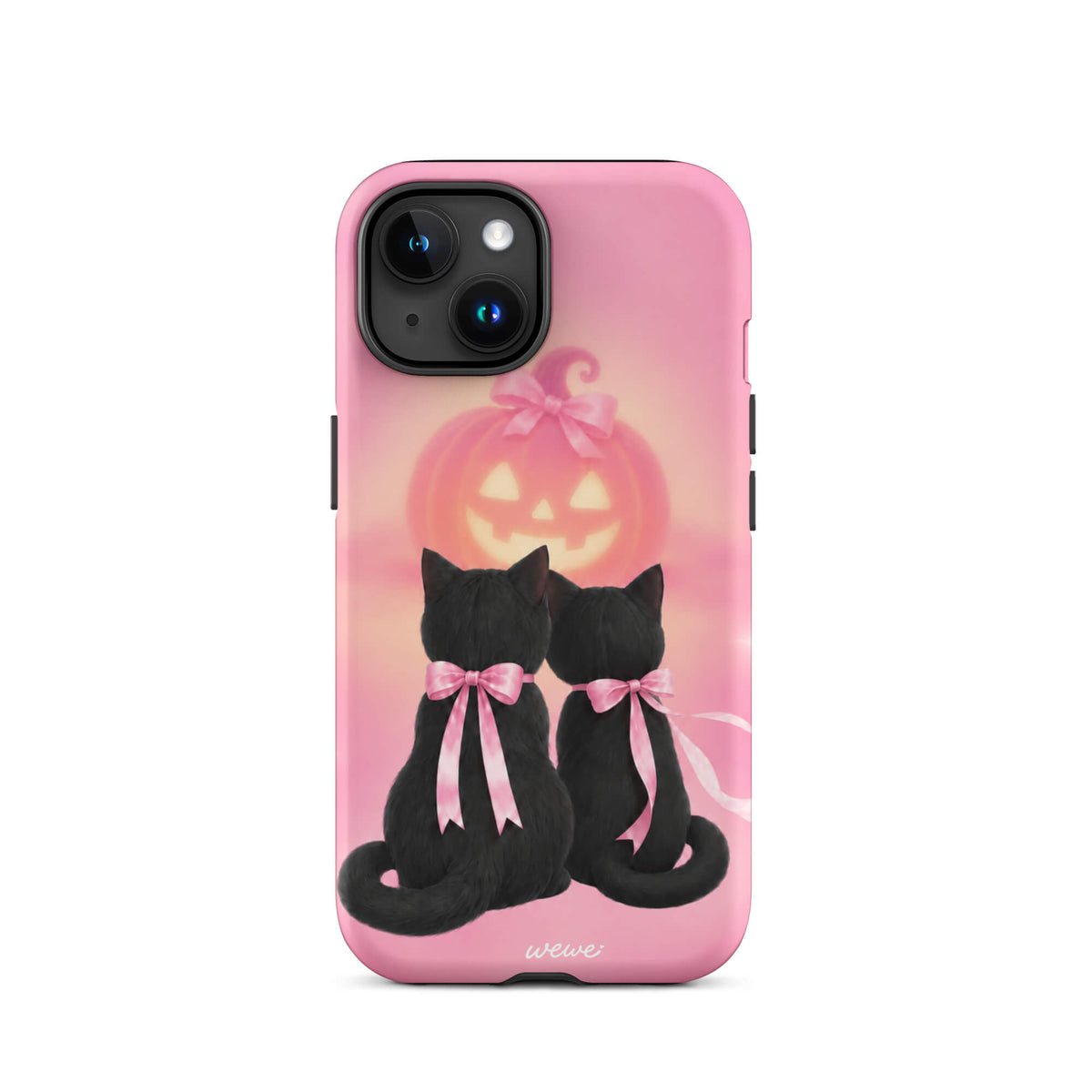 Bubblegum-pink iPhone case with two black cats wearing pink bows and a glowing jack-o-lantern