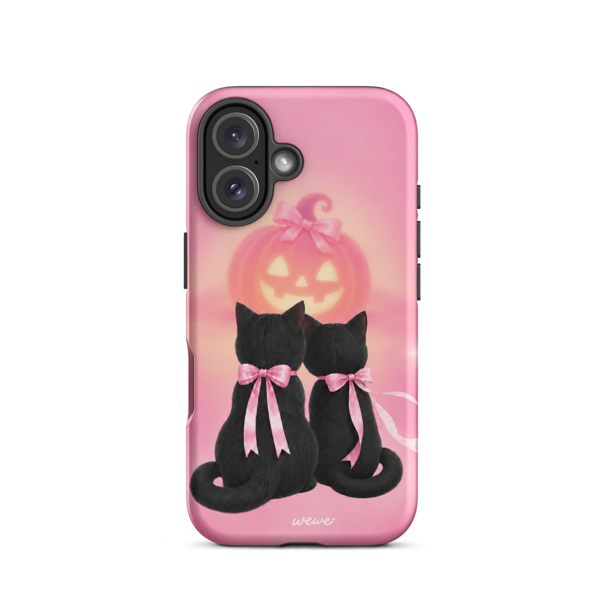 Bubblegum-pink iPhone case with two black cats wearing pink bows and a glowing jack-o-lantern