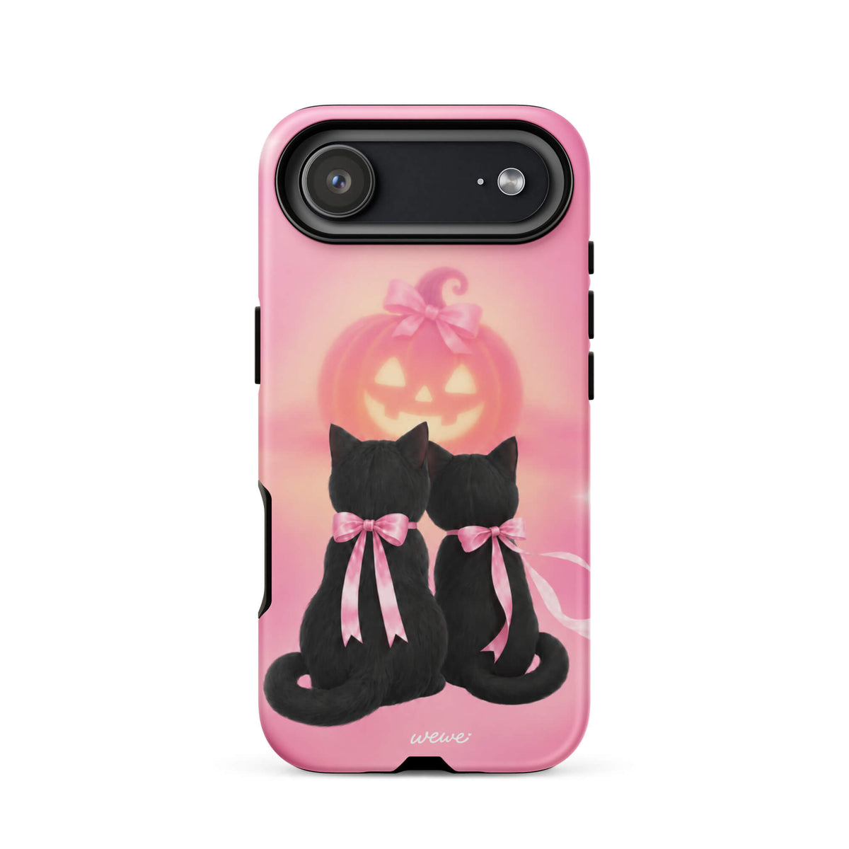 Bubblegum-pink iPhone case with two black cats wearing pink bows and a glowing jack-o-lantern