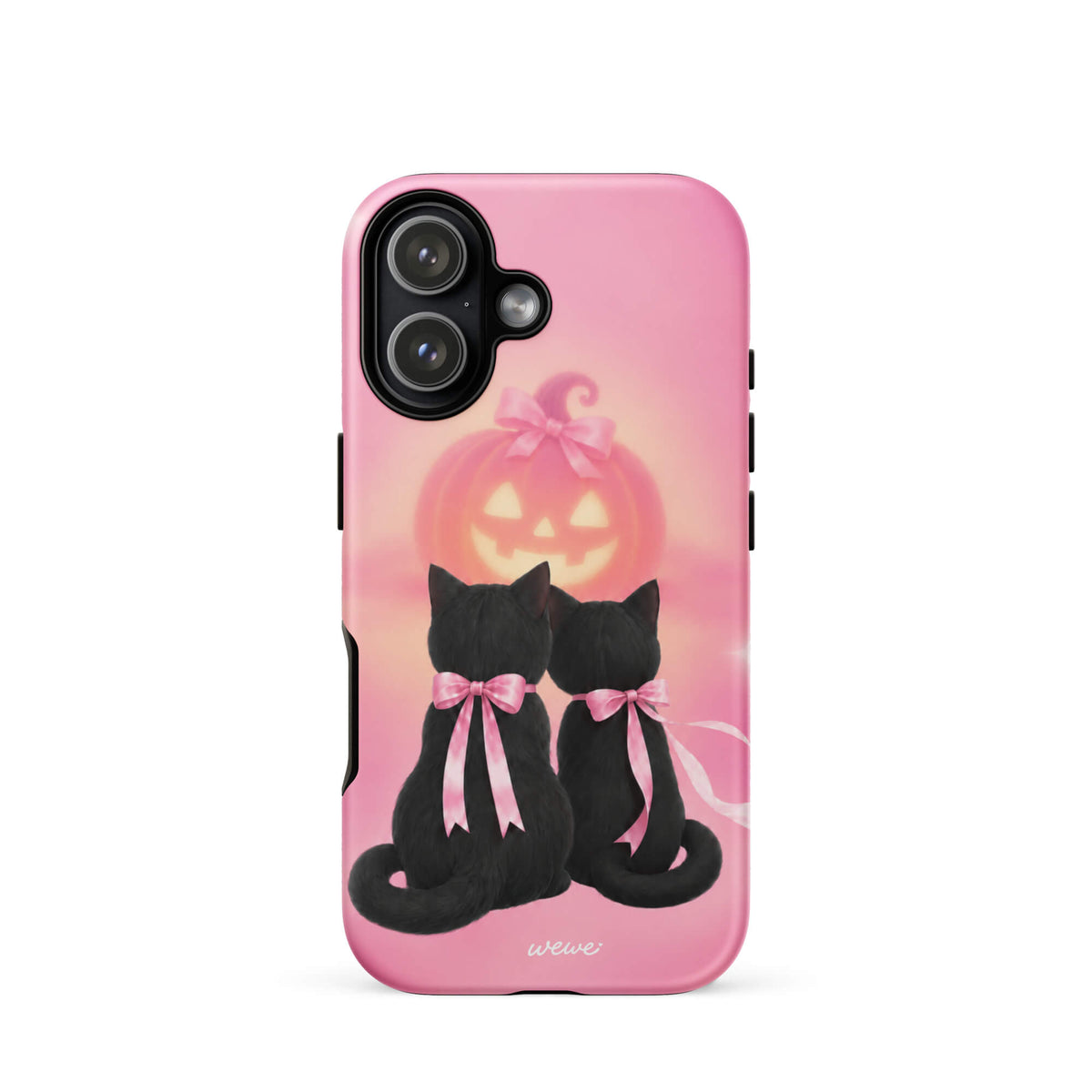 Bubblegum-pink iPhone case with two black cats wearing pink bows and a glowing jack-o-lantern