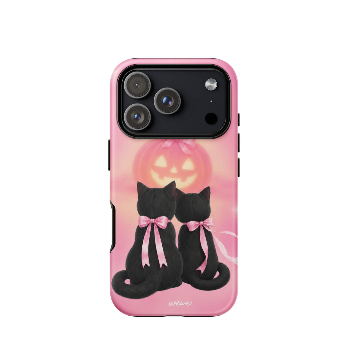 Bubblegum-pink iPhone case with two black cats wearing pink bows and a glowing jack-o-lantern