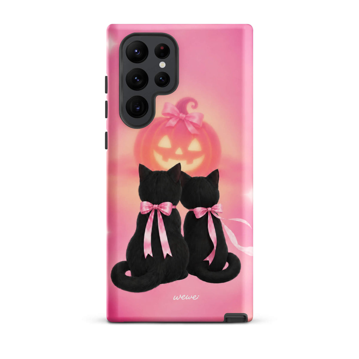 Bubblegum-pink iPhone case with two black cats wearing pink bows and a glowing jack-o-lantern