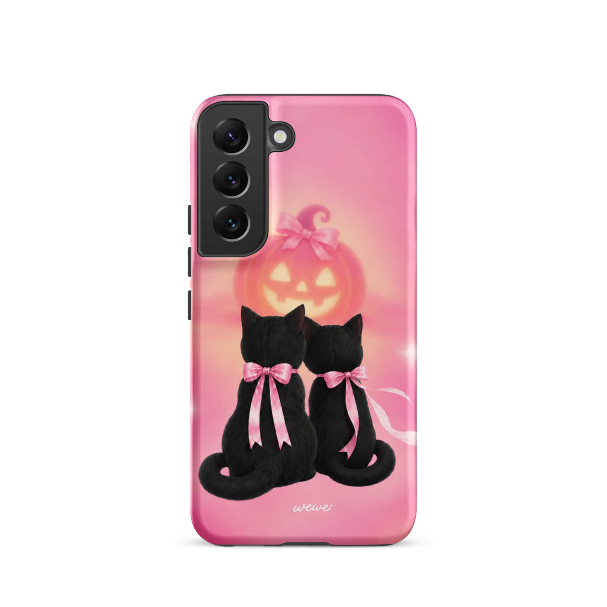 Bubblegum-pink iPhone case with two black cats wearing pink bows and a glowing jack-o-lantern