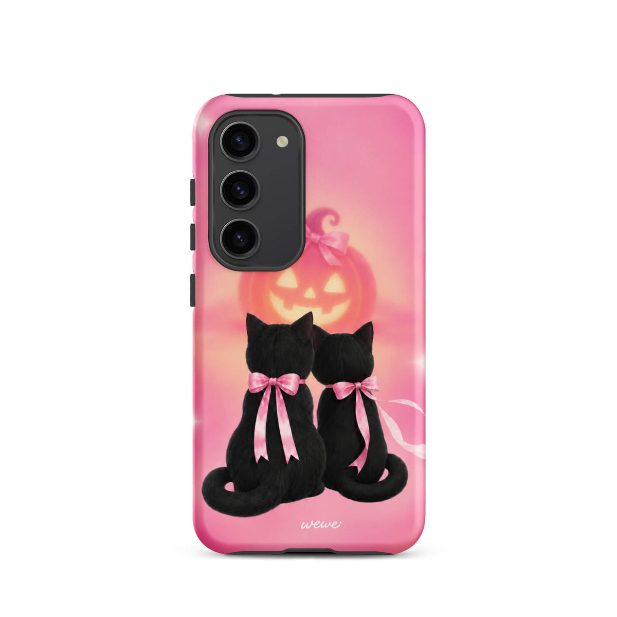 Bubblegum-pink iPhone case with two black cats wearing pink bows and a glowing jack-o-lantern