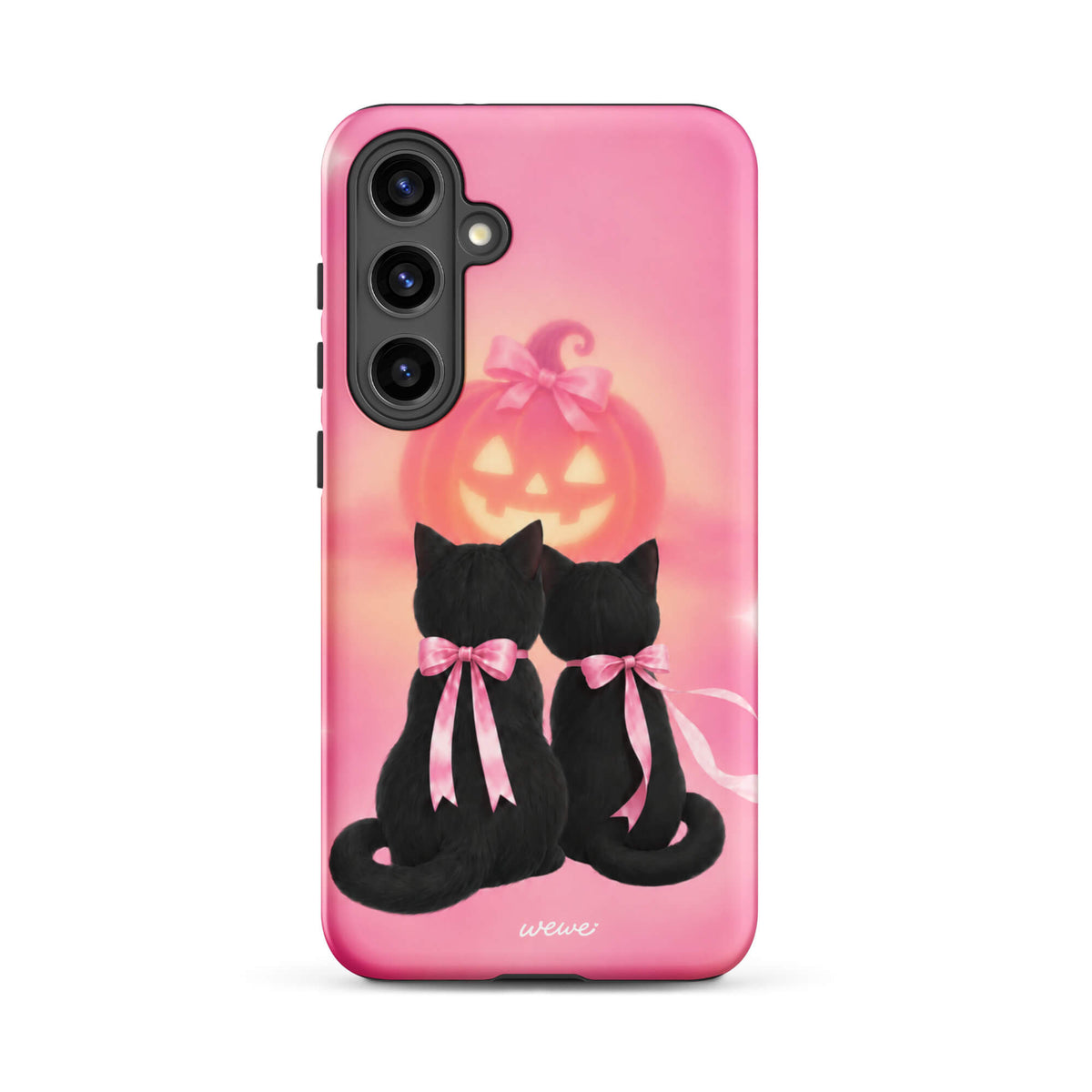 Bubblegum-pink iPhone case with two black cats wearing pink bows and a glowing jack-o-lantern