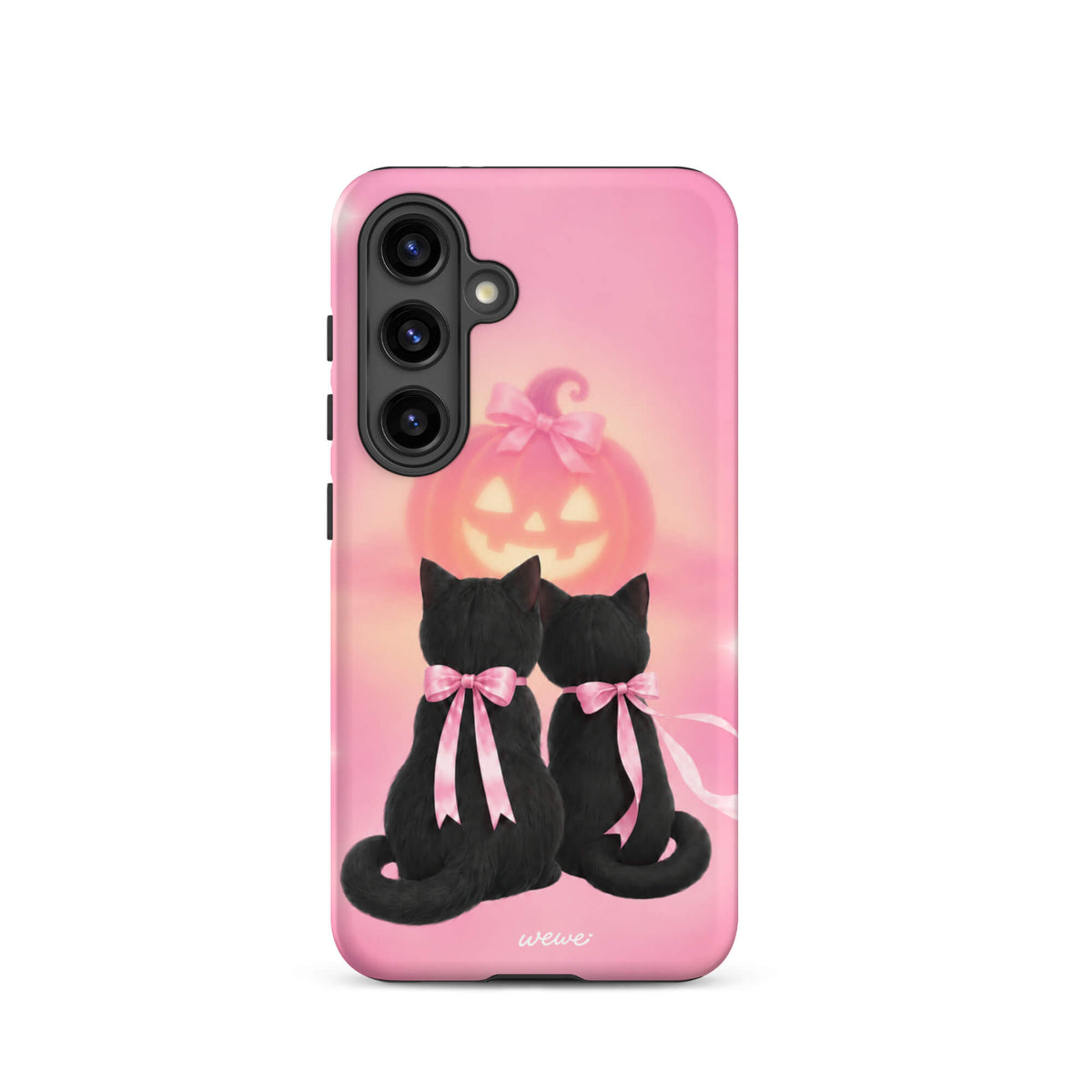 Bubblegum-pink iPhone case with two black cats wearing pink bows and a glowing jack-o-lantern