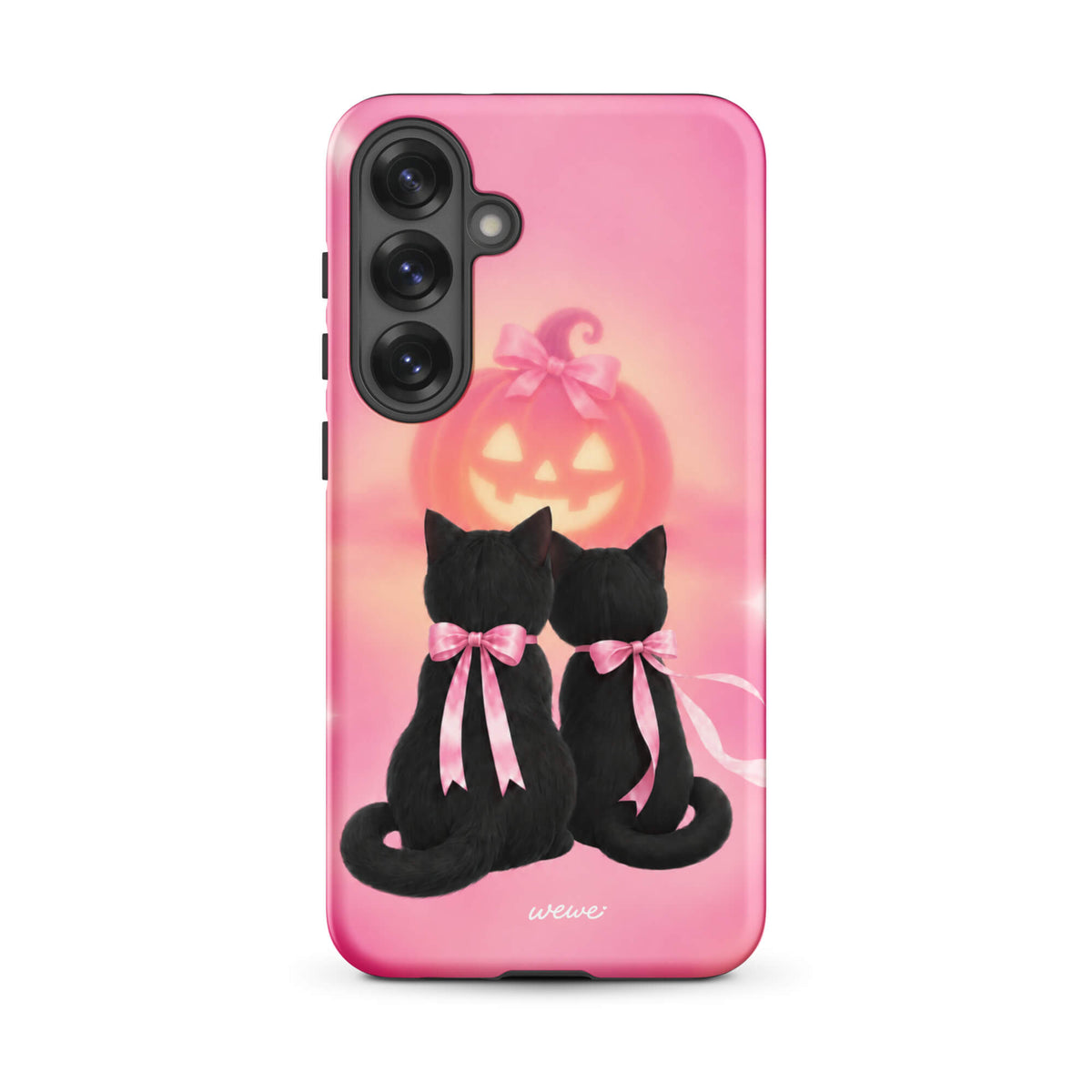 Bubblegum-pink iPhone case with two black cats wearing pink bows and a glowing jack-o-lantern