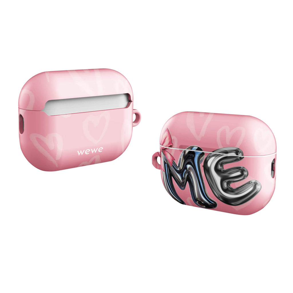 Custom airpods case pro gen2 with pink background,pink bow,and silver chrome 'ME' balloon letters.