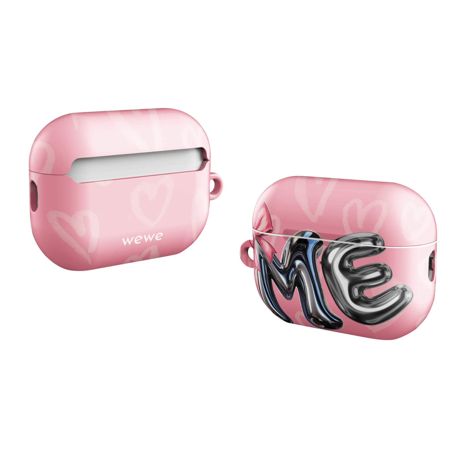 Custom airpods case pro gen2 with pink background,pink bow,and silver chrome 'ME' balloon letters.