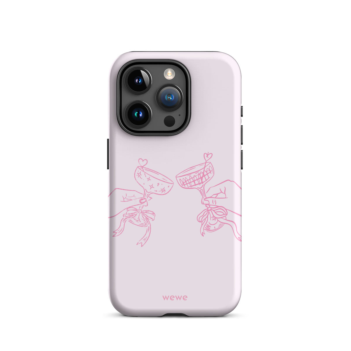 Blush pink phone case with hot pink line art of hands toasting cocktail glasses, hearts and ribbon bows