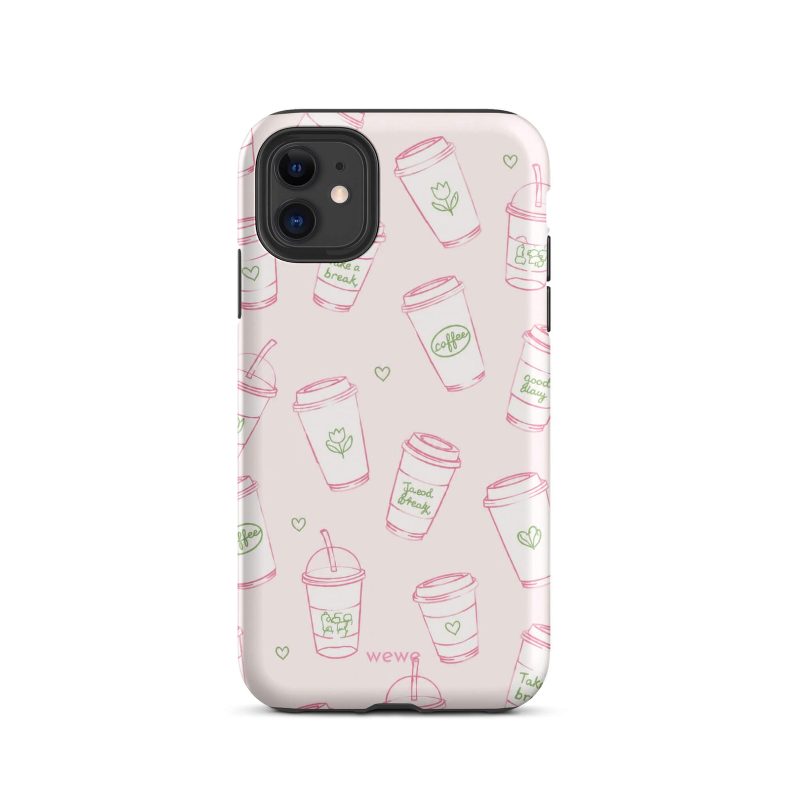 Pink Coffee Cup Phone Case featuring rose-pink takeaway cups, iced drinks, tiny hearts and sage-green café doodles on a blush background