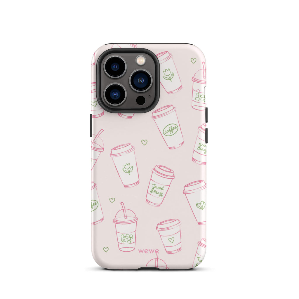 Pink Coffee Cup Phone Case featuring rose-pink takeaway cups, iced drinks, tiny hearts and sage-green café doodles on a blush background