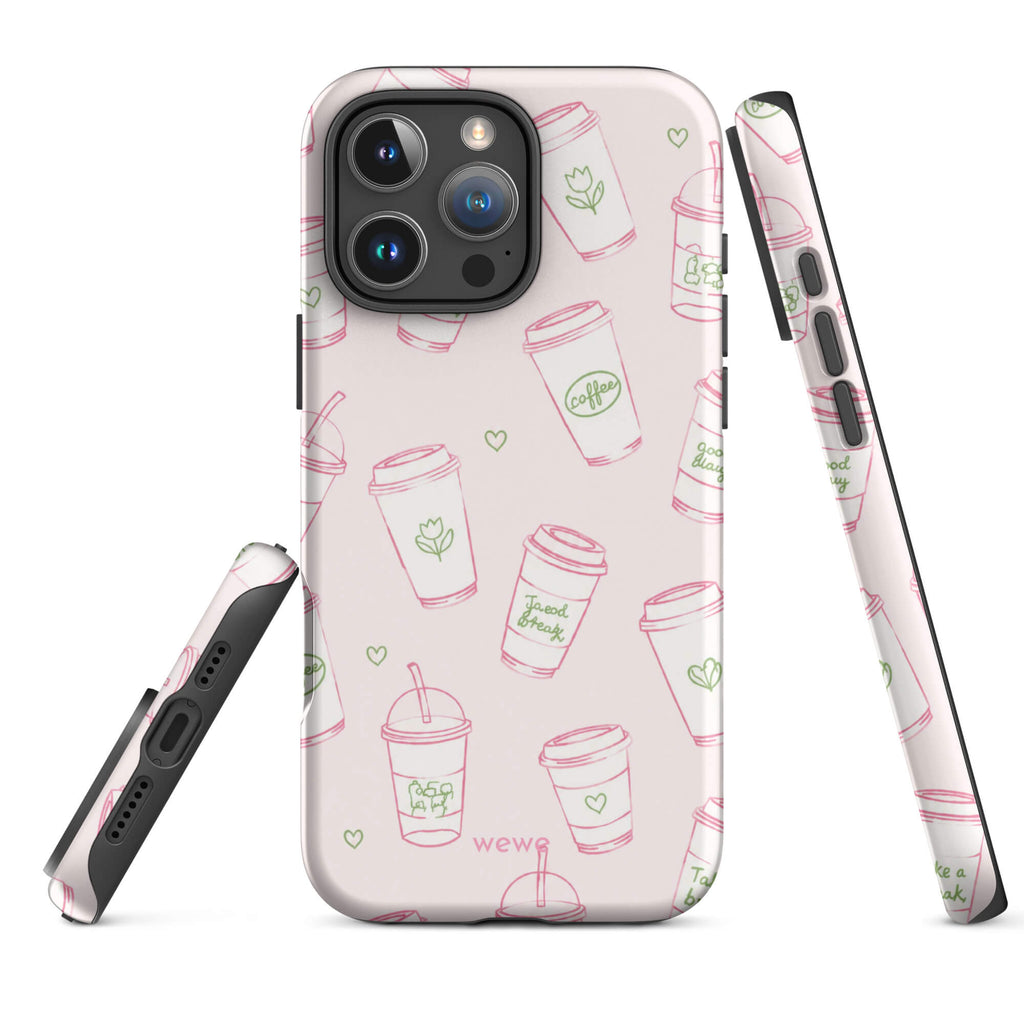 Pink Coffee Cup Phone Case featuring rose-pink takeaway cups, iced drinks, tiny hearts and sage-green café doodles on a blush background