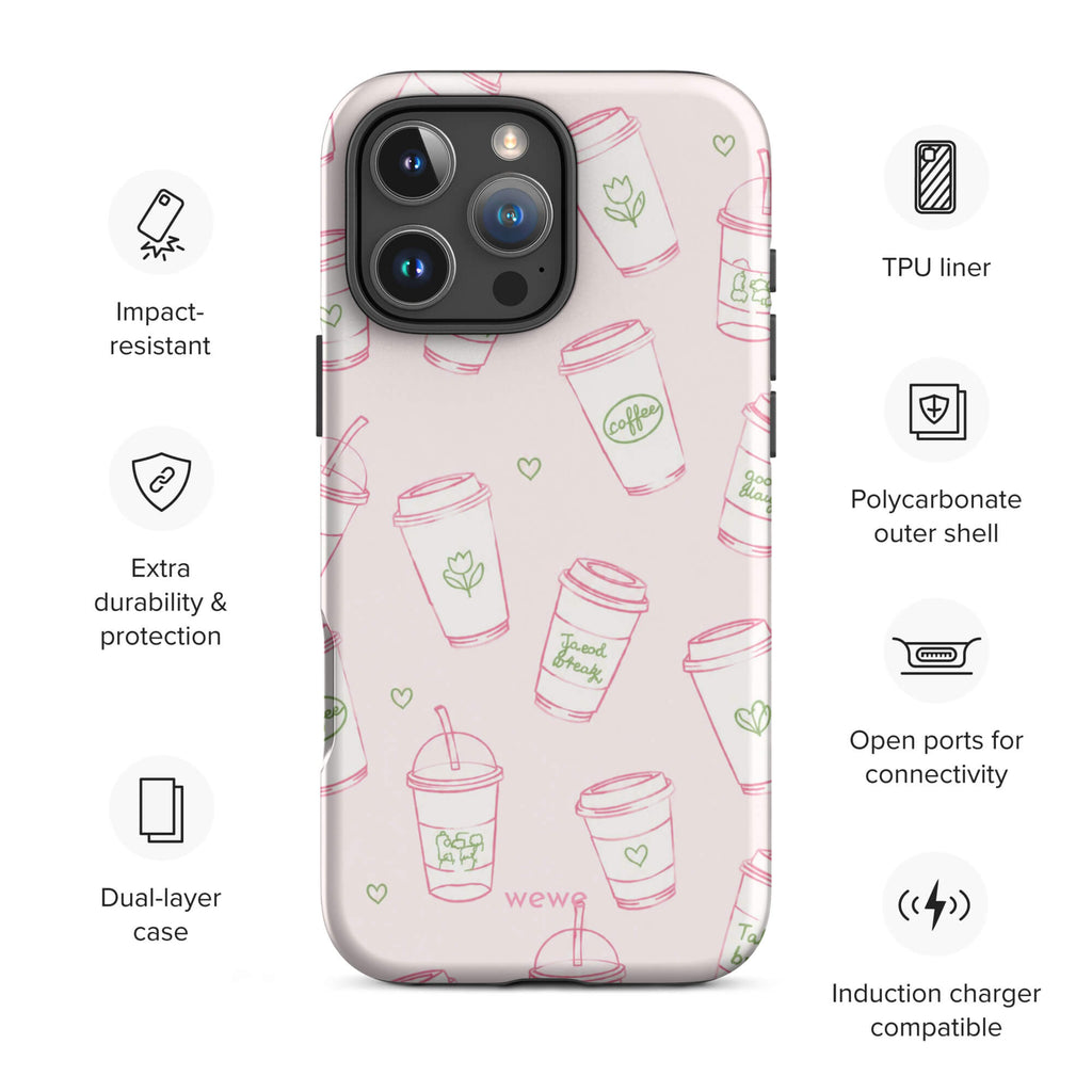 Pink Coffee Cup Phone Case featuring rose-pink takeaway cups, iced drinks, tiny hearts and sage-green café doodles on a blush background