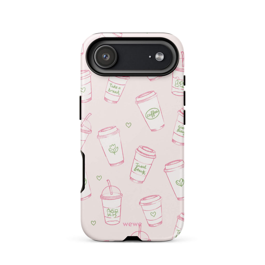 Pink Coffee Cup Phone Case featuring rose-pink takeaway cups, iced drinks, tiny hearts and sage-green café doodles on a blush background