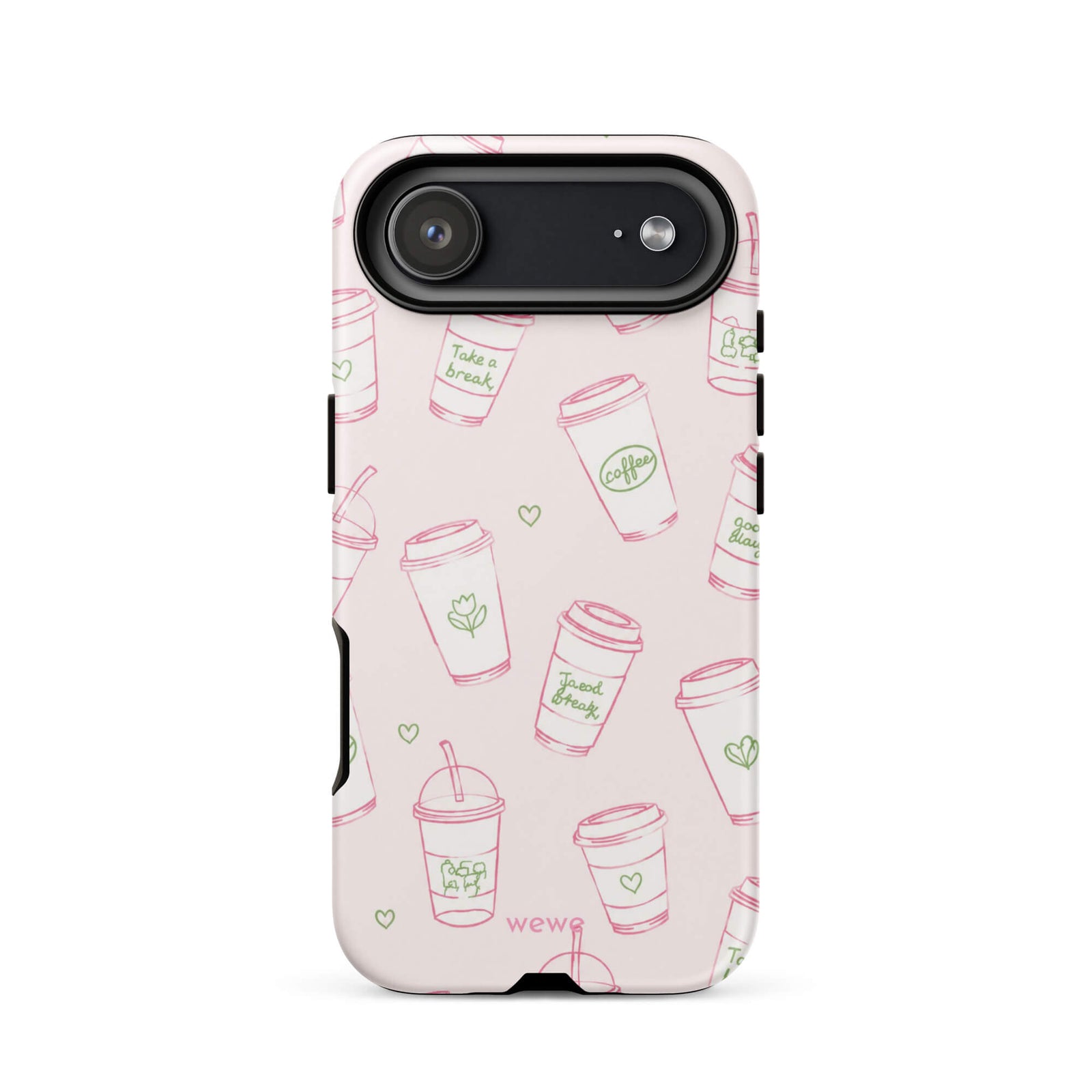 Pink Coffee Cup Phone Case featuring rose-pink takeaway cups, iced drinks, tiny hearts and sage-green café doodles on a blush background
