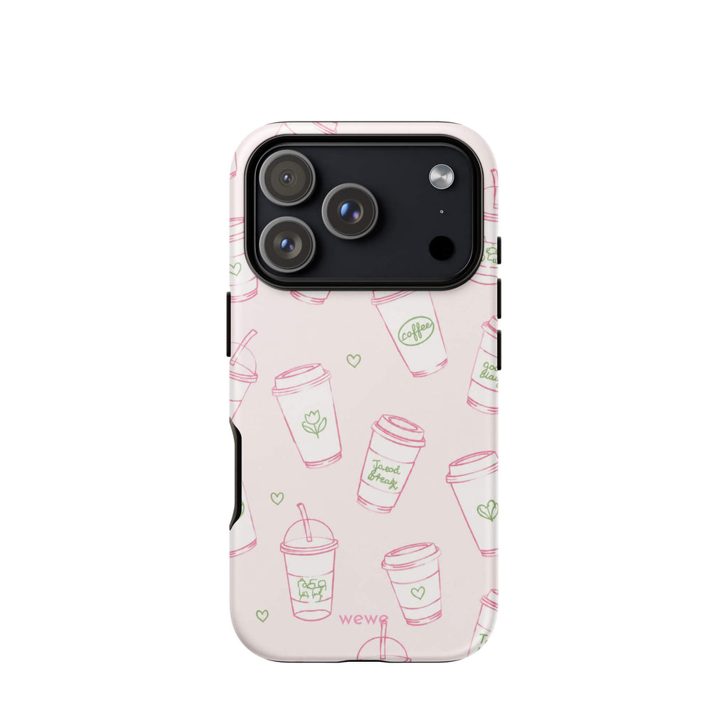Pink Coffee Cup Phone Case featuring rose-pink takeaway cups, iced drinks, tiny hearts and sage-green café doodles on a blush background