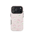 Pink Coffee Cup Phone Case featuring rose-pink takeaway cups, iced drinks, tiny hearts and sage-green café doodles on a blush background