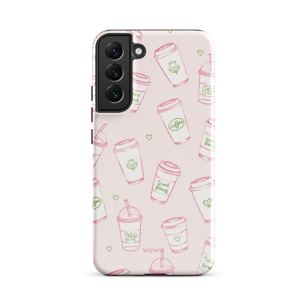 Pink Coffee Cup Phone Case featuring rose-pink takeaway cups, iced drinks, tiny hearts and sage-green café doodles on a blush background