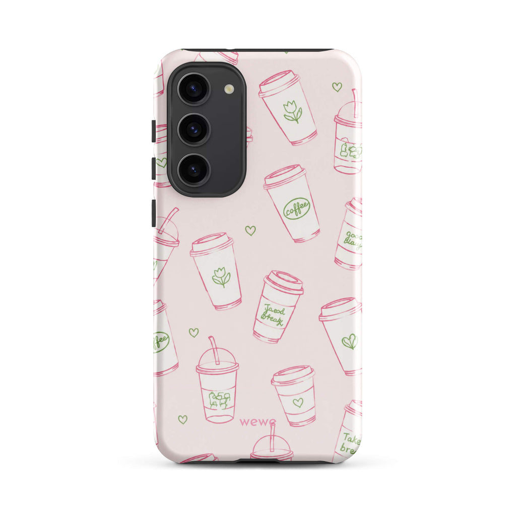 Pink Coffee Cup Phone Case featuring rose-pink takeaway cups, iced drinks, tiny hearts and sage-green café doodles on a blush background