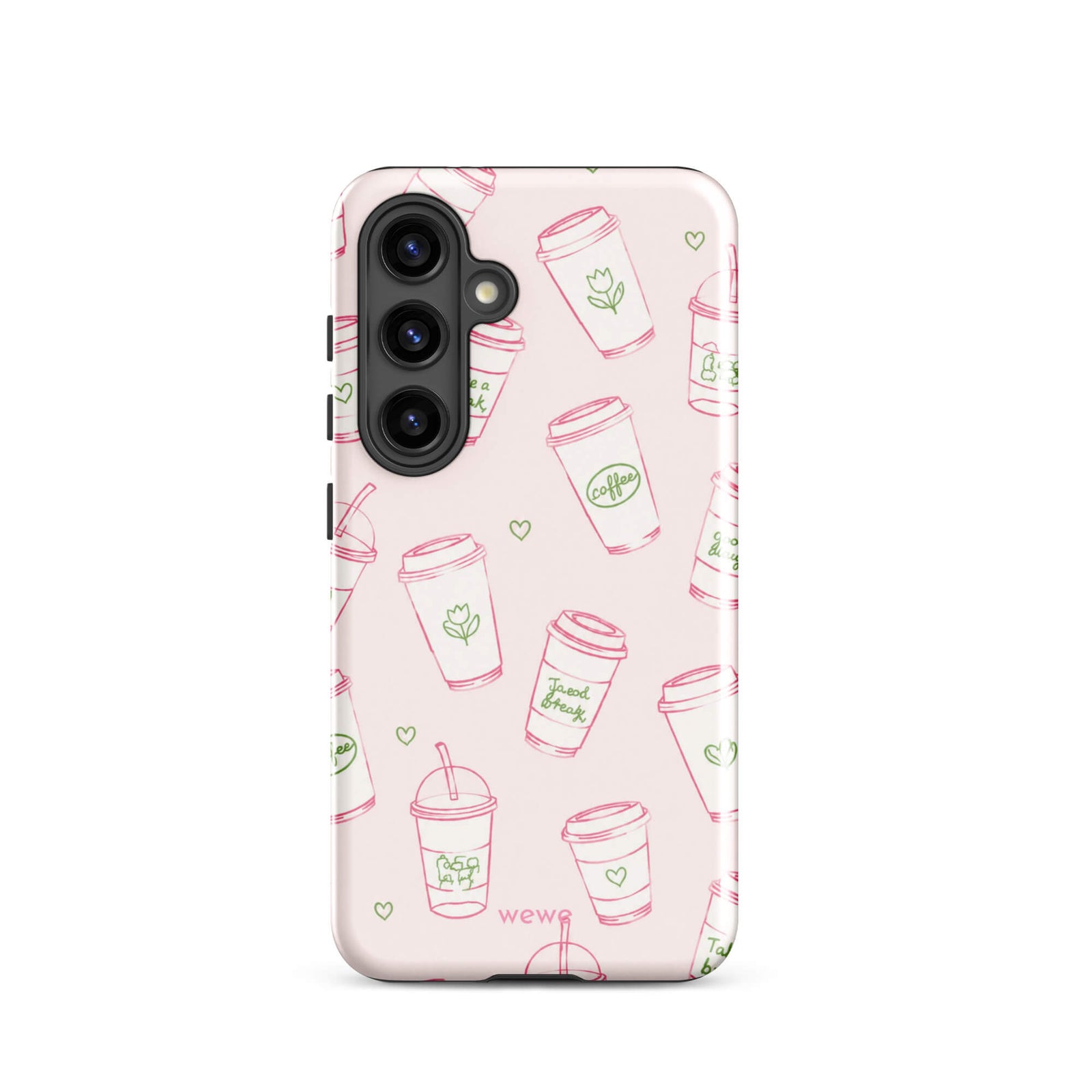 Pink Coffee Cup Phone Case featuring rose-pink takeaway cups, iced drinks, tiny hearts and sage-green café doodles on a blush background