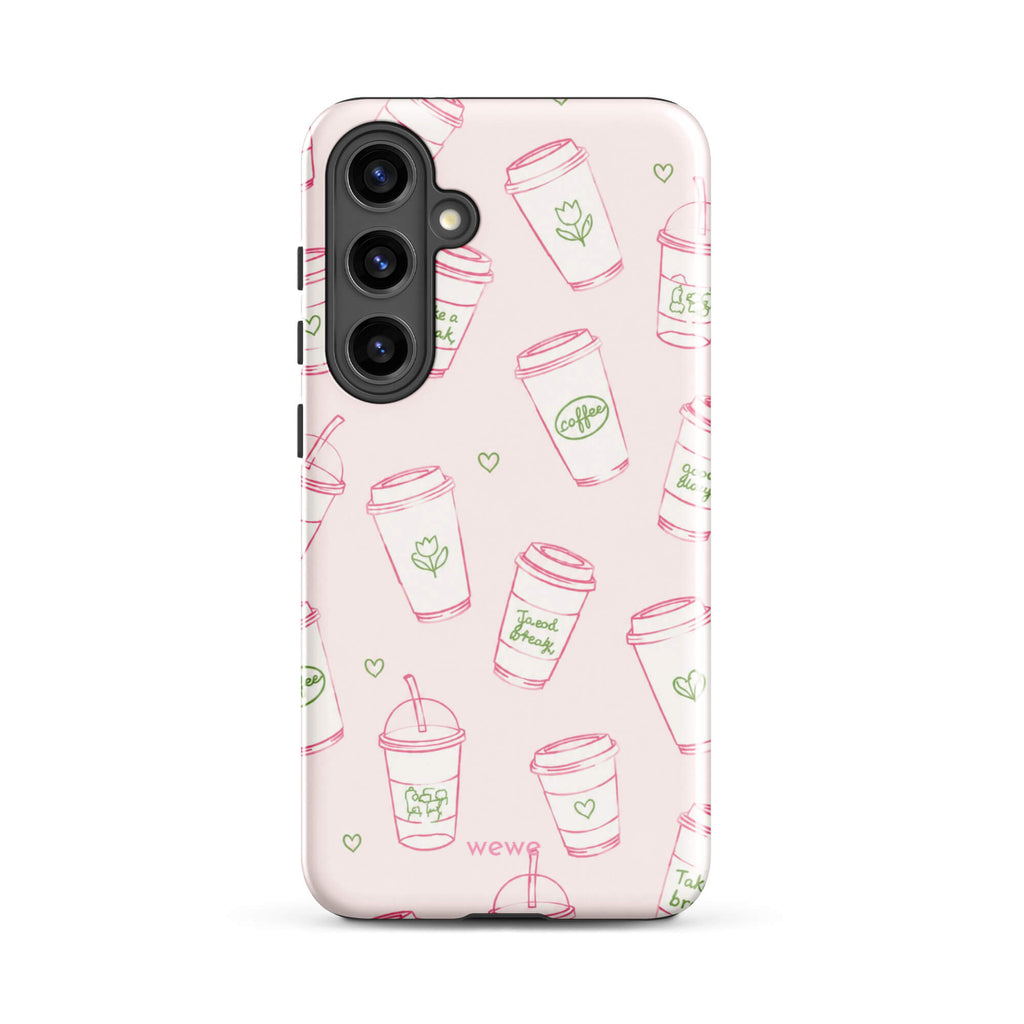 Pink Coffee Cup Phone Case featuring rose-pink takeaway cups, iced drinks, tiny hearts and sage-green café doodles on a blush background