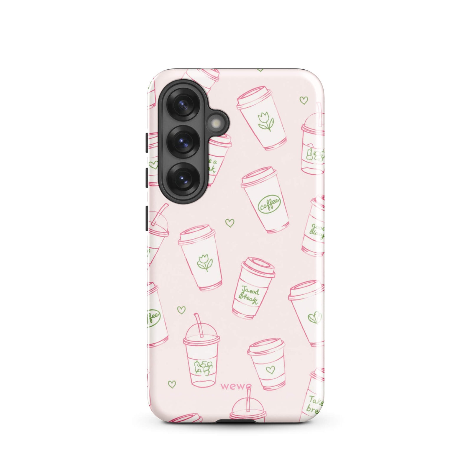 Pink Coffee Cup Phone Case featuring rose-pink takeaway cups, iced drinks, tiny hearts and sage-green café doodles on a blush background