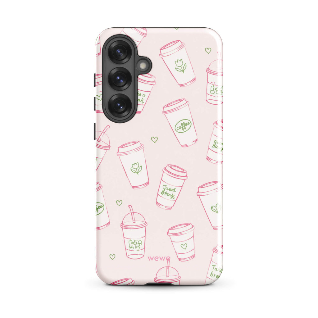 Pink Coffee Cup Phone Case featuring rose-pink takeaway cups, iced drinks, tiny hearts and sage-green café doodles on a blush background