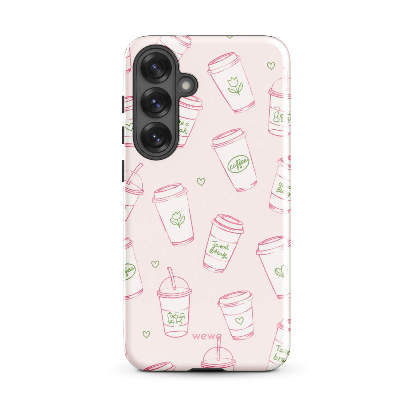 Pink Coffee Cup Phone Case featuring rose-pink takeaway cups, iced drinks, tiny hearts and sage-green café doodles on a blush background