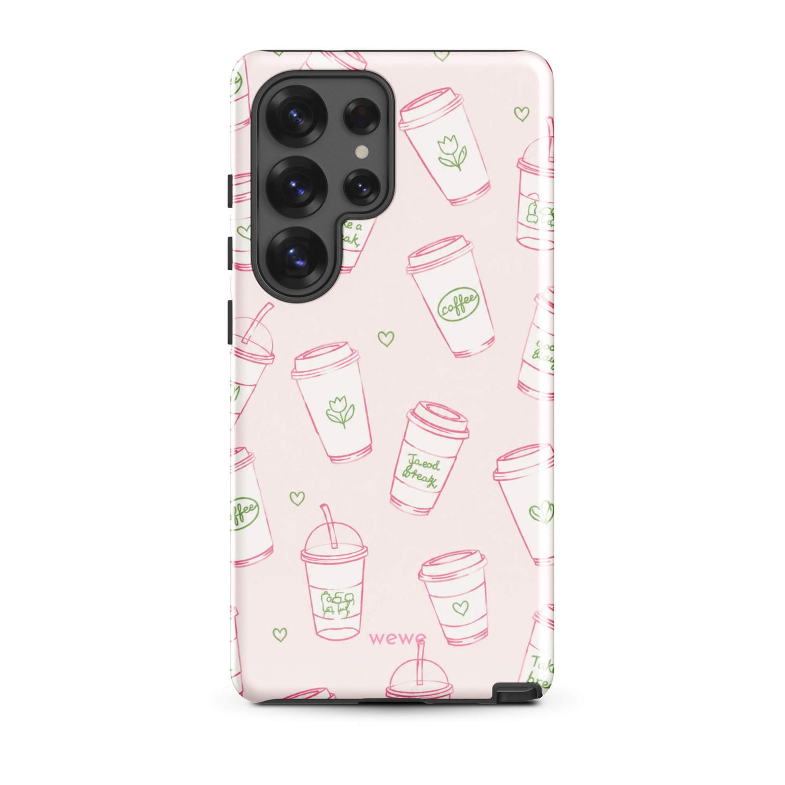 Pink Coffee Cup Phone Case featuring rose-pink takeaway cups, iced drinks, tiny hearts and sage-green café doodles on a blush background