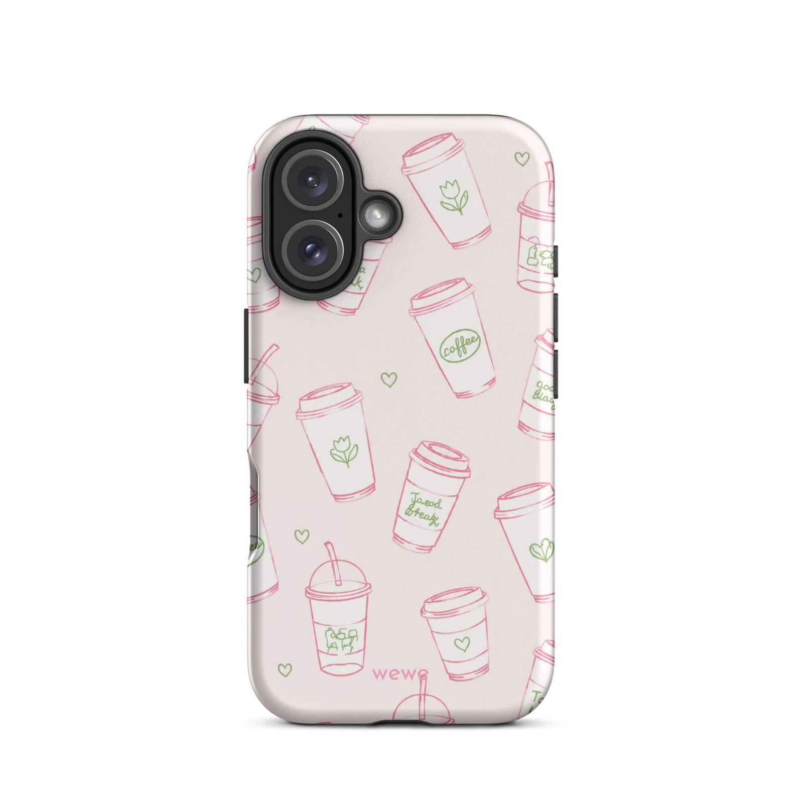 Pink Coffee Cup Phone Case featuring rose-pink takeaway cups, iced drinks, tiny hearts and sage-green café doodles on a blush background