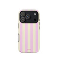 Phone case with evenly spaced soft pink and warm cream yellow vertical stripes