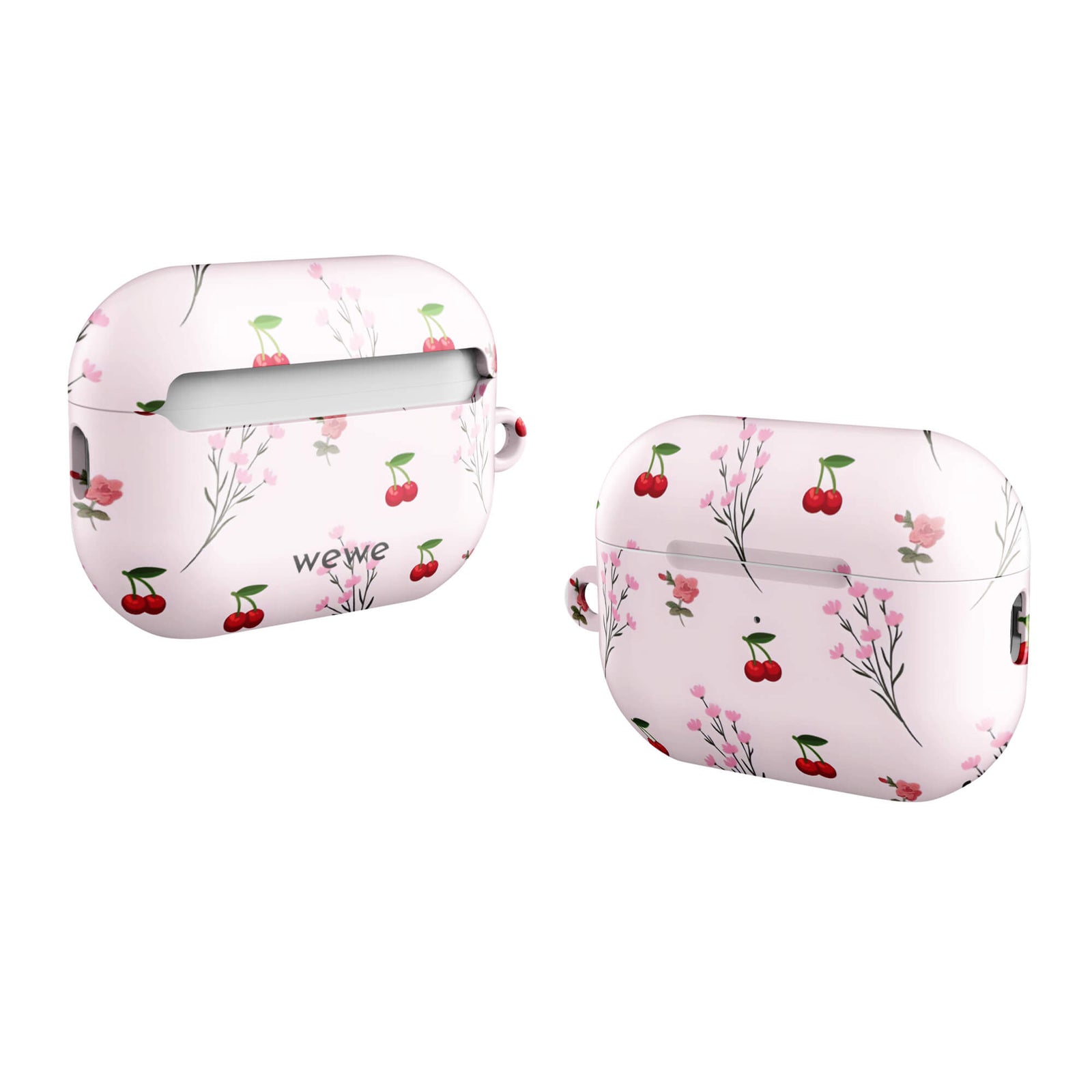 Custom AirPods case pro gen2 with a cute and whimsical pattern of cherry branches, blossoms, and ripe cherries on a pale pink background.