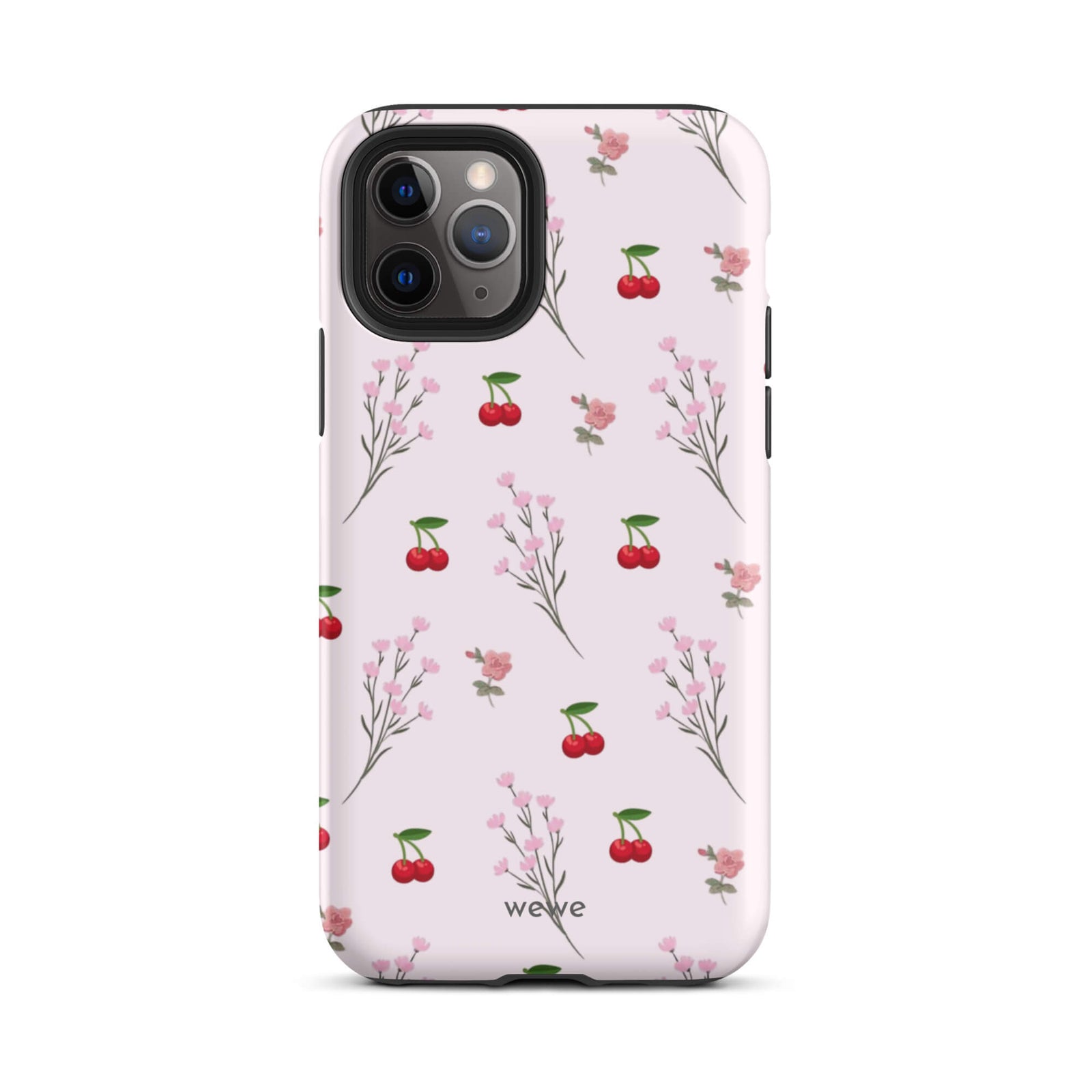 Custom iPhone case 11 pro with a cute and whimsical pattern of cherry branches, blossoms, and ripe cherries on a pale pink background.
